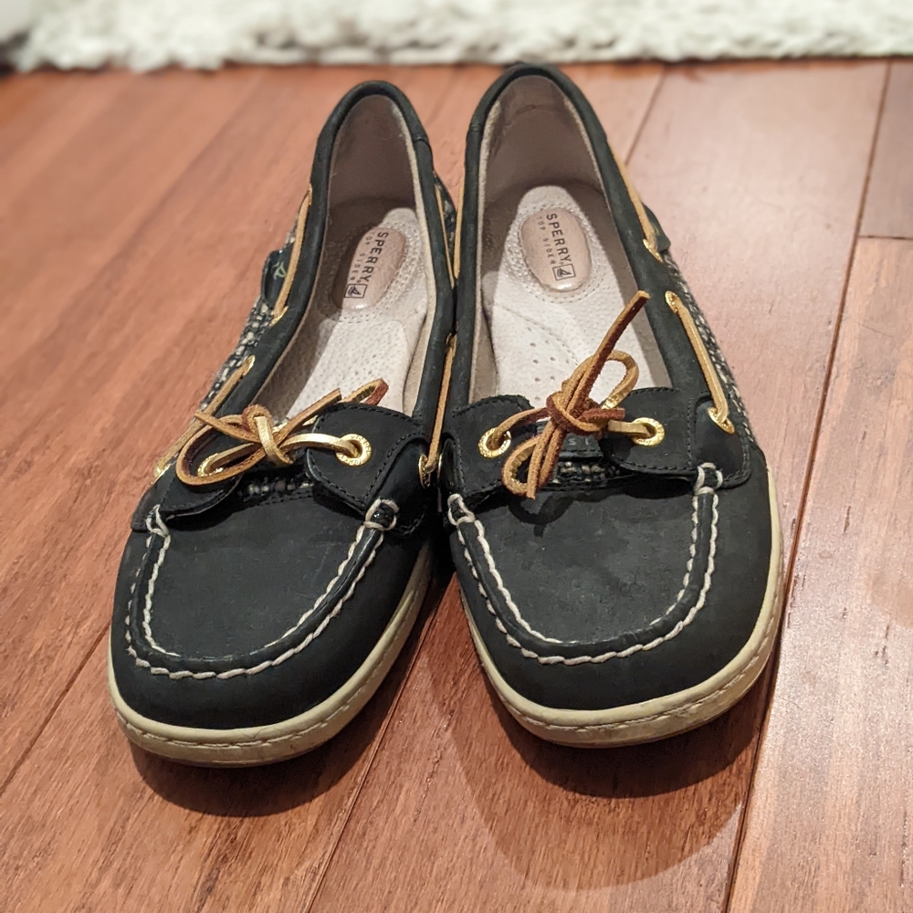 Sperry black and gold tweed boat shoes